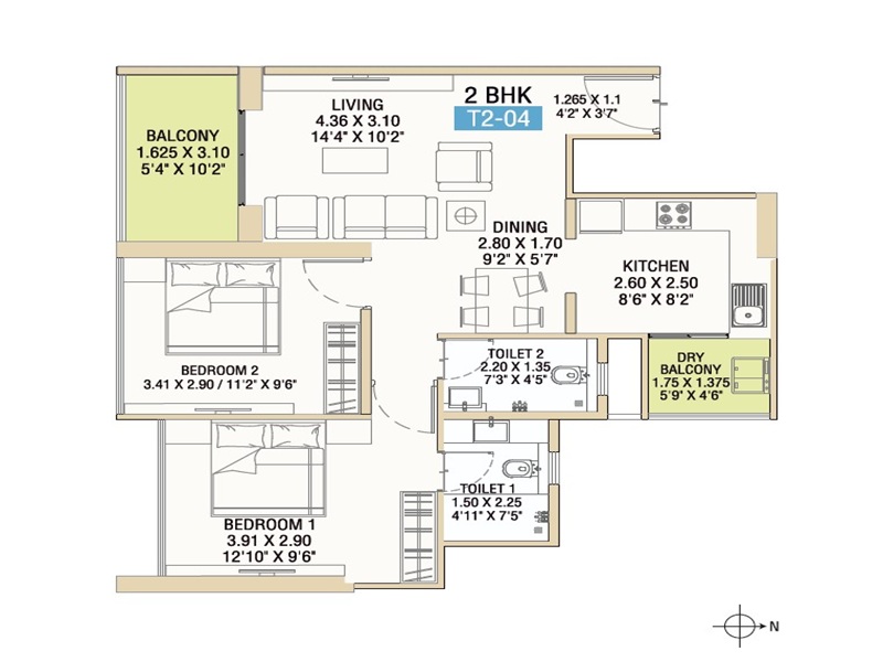 2 BHK-L Floor Plan