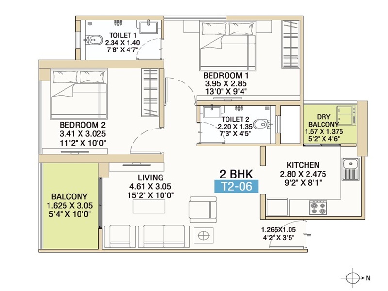 2 BHK-S Floor Plan